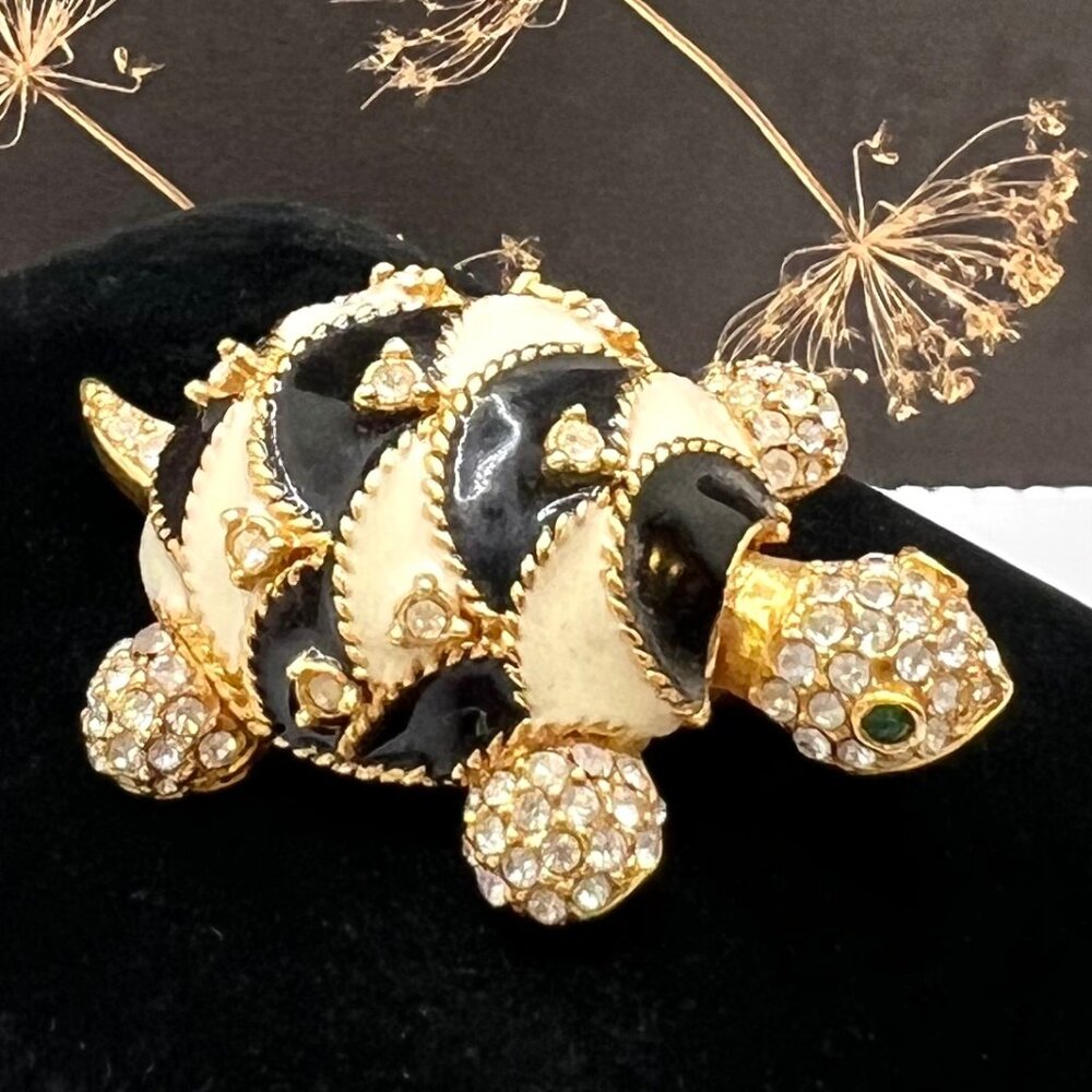 Ciner Black & White Enamel Pave Turtle Brooch